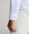 Model is wearing UNTUCKit Jeffries wrinkle-free shirt in purple. 
