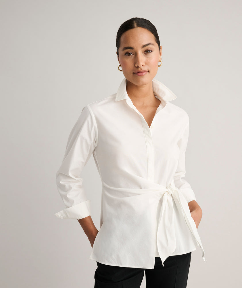Model is wearing UNTUCKit Stretch Cotton Wrap Jolie Shirt.