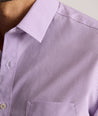 Model is wearing UNTUCKit Kelly wrinkle free shirt in purple gingham.