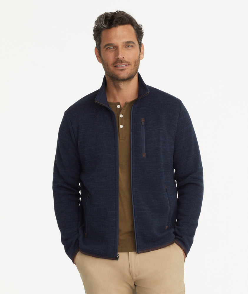 Model is wearing UNTUCKit Kezoh sweatshirt in Navy.