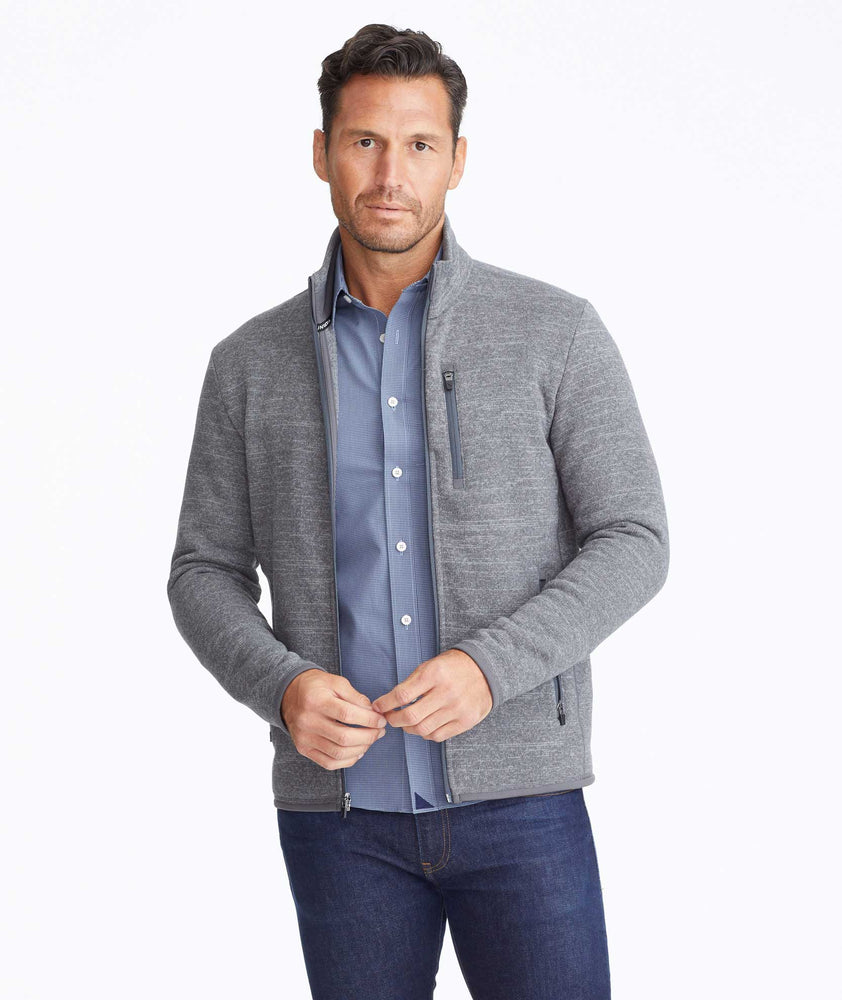 Model is wearing UNTUCKit Kezoh sweatshirt in gray.