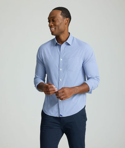 Model is wearing UNTUCKit Lafior Performance Shirt with Pocket. 