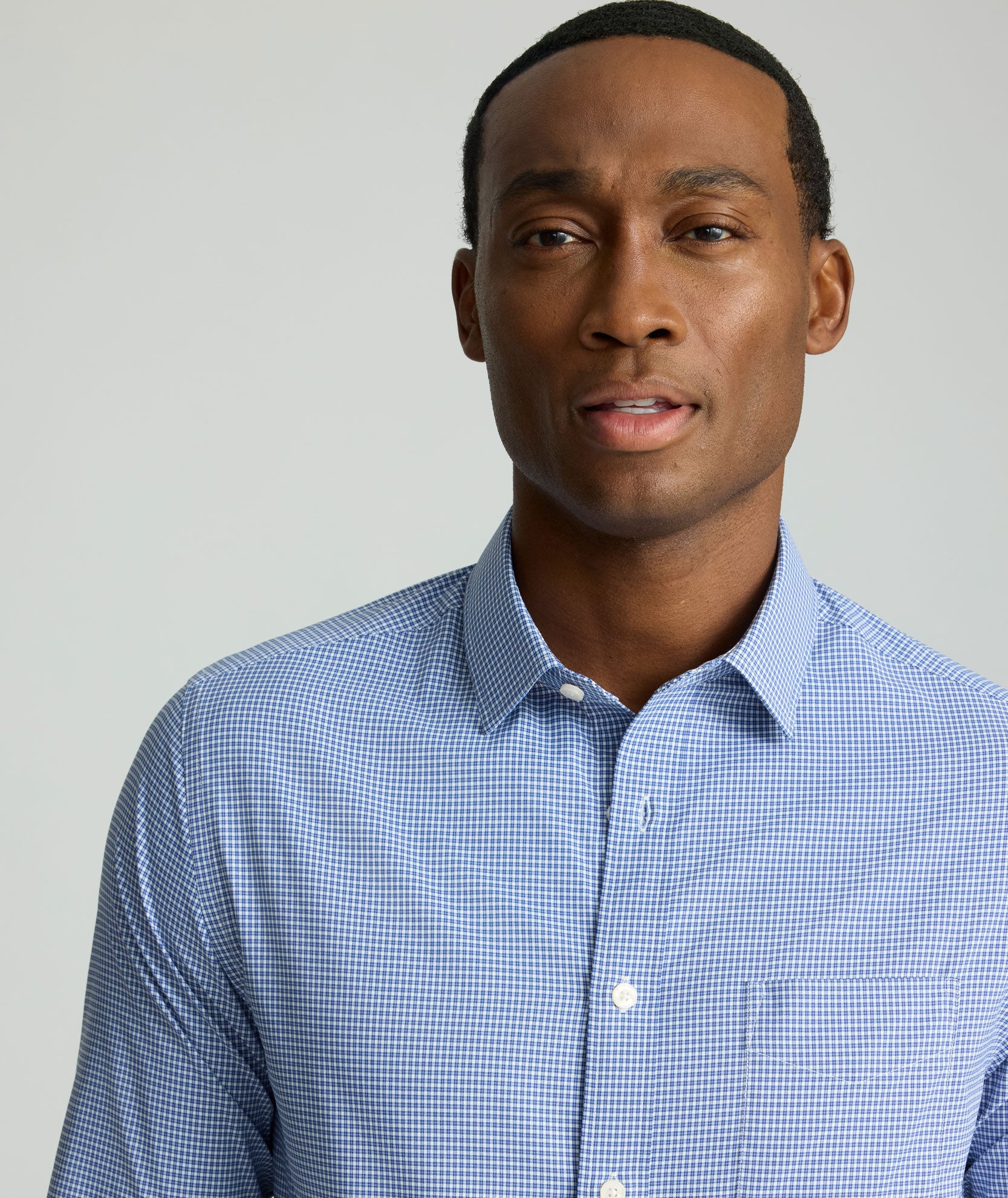 blue check dress shirt Twillory Men's Leader Non-Iron Check Dress Shirt - Micro Blue - 4-Way Stretch, Moisture-Wicking