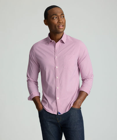 Model is wearing UNTUCKit Lafior Performance Shirt with Pocket. 