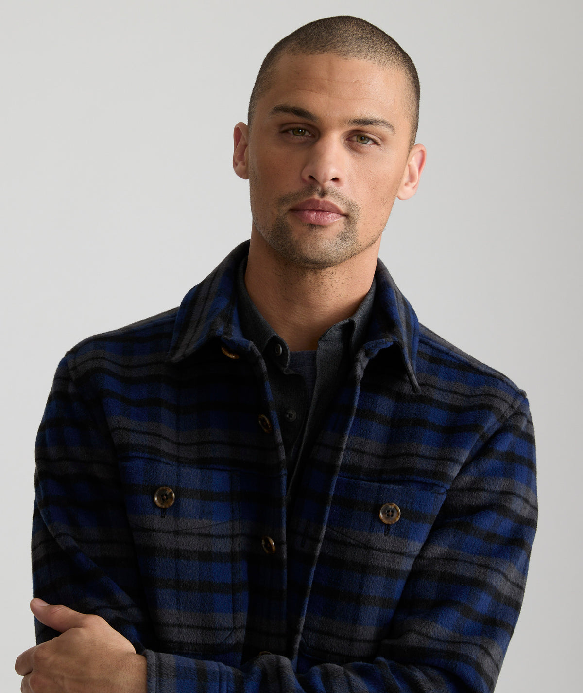 Wool-Blend CPO Jacket Blue Black & Gray Plaid | UNTUCKit