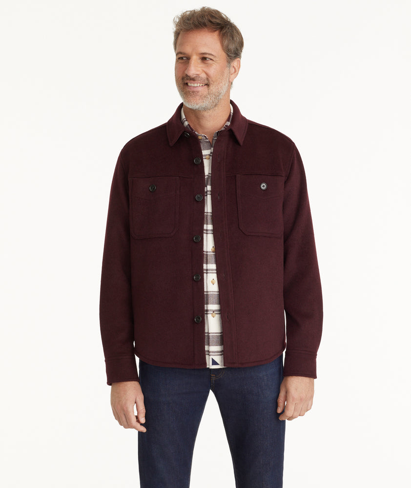 Model is wearing UNTUCKit Wool Blend C.P.O Jacket in Maroon.