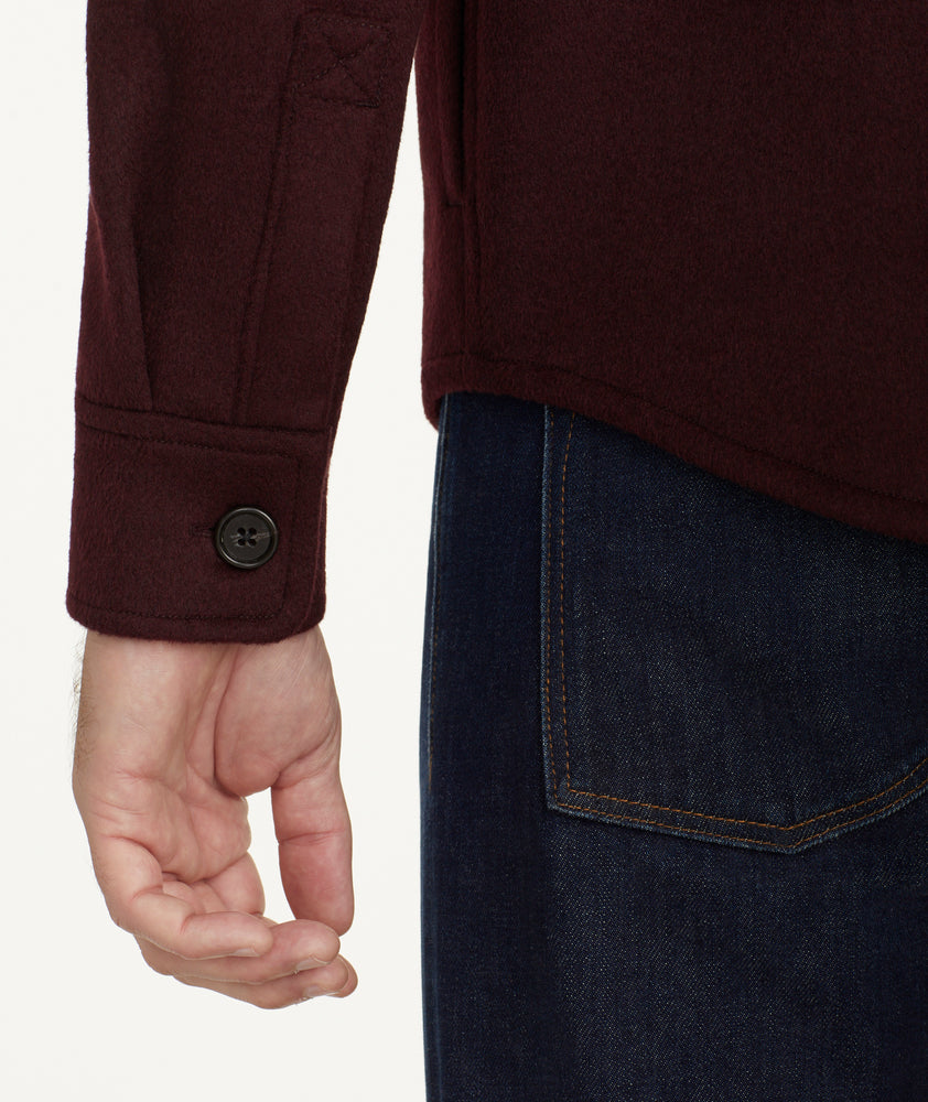 Model is wearing UNTUCKit Wool Blend C.P.O Jacket in Maroon.