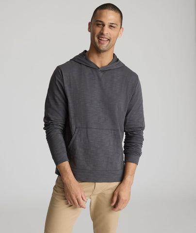 Model is wearing UNTUCKit Lazio Hoodie in Forged Iron