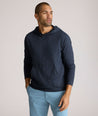 Model is wearing UNTUCKit Lazio Hoodie in Peacoat.