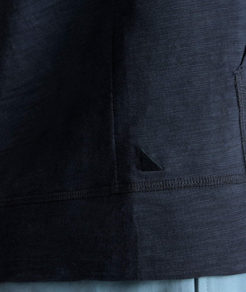 Model is wearing UNTUCKit Lazio Hoodie in Peacoat.