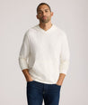 Model is wearing UNTUCKit Slub Cotton Hoodie in Off-White egret.