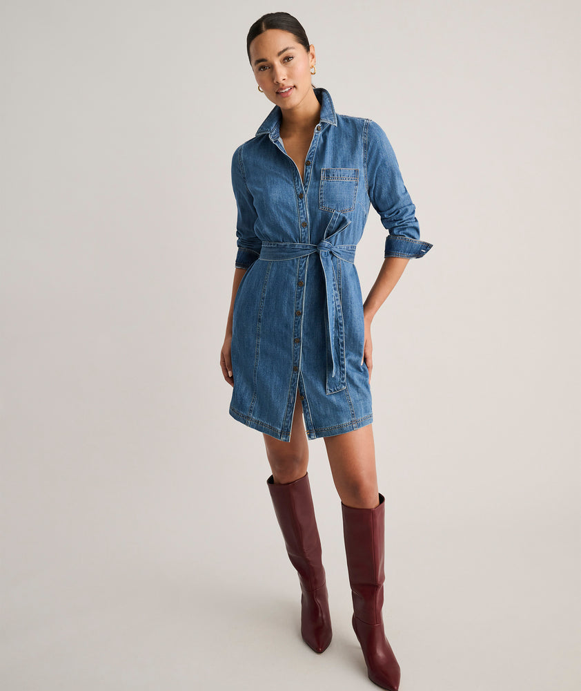 Model is wearing UNTUCKit Lea denim dress.