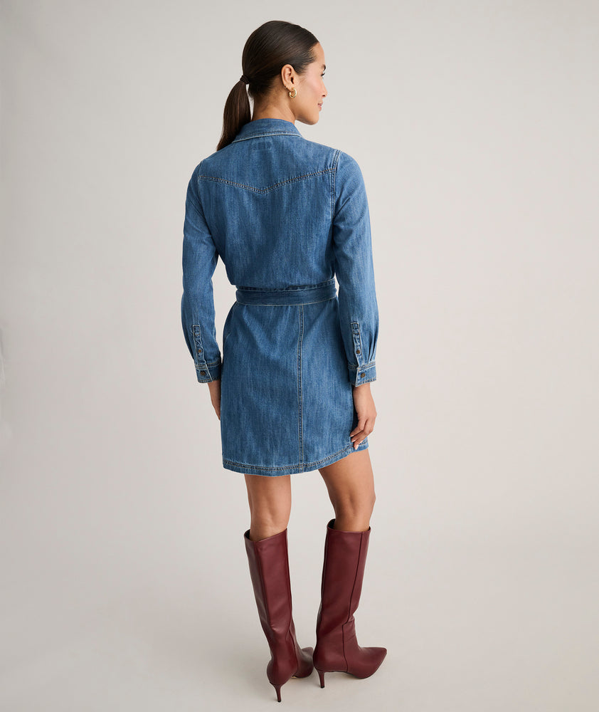 Model is wearing UNTUCKit Lea denim dress.