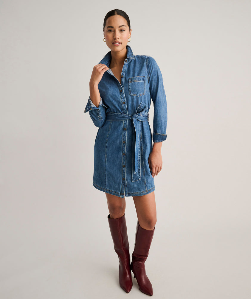 Model is wearing UNTUCKit Lea denim dress.