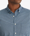 Model is wearing UNTUCKit Levarie short-sleeve button down.