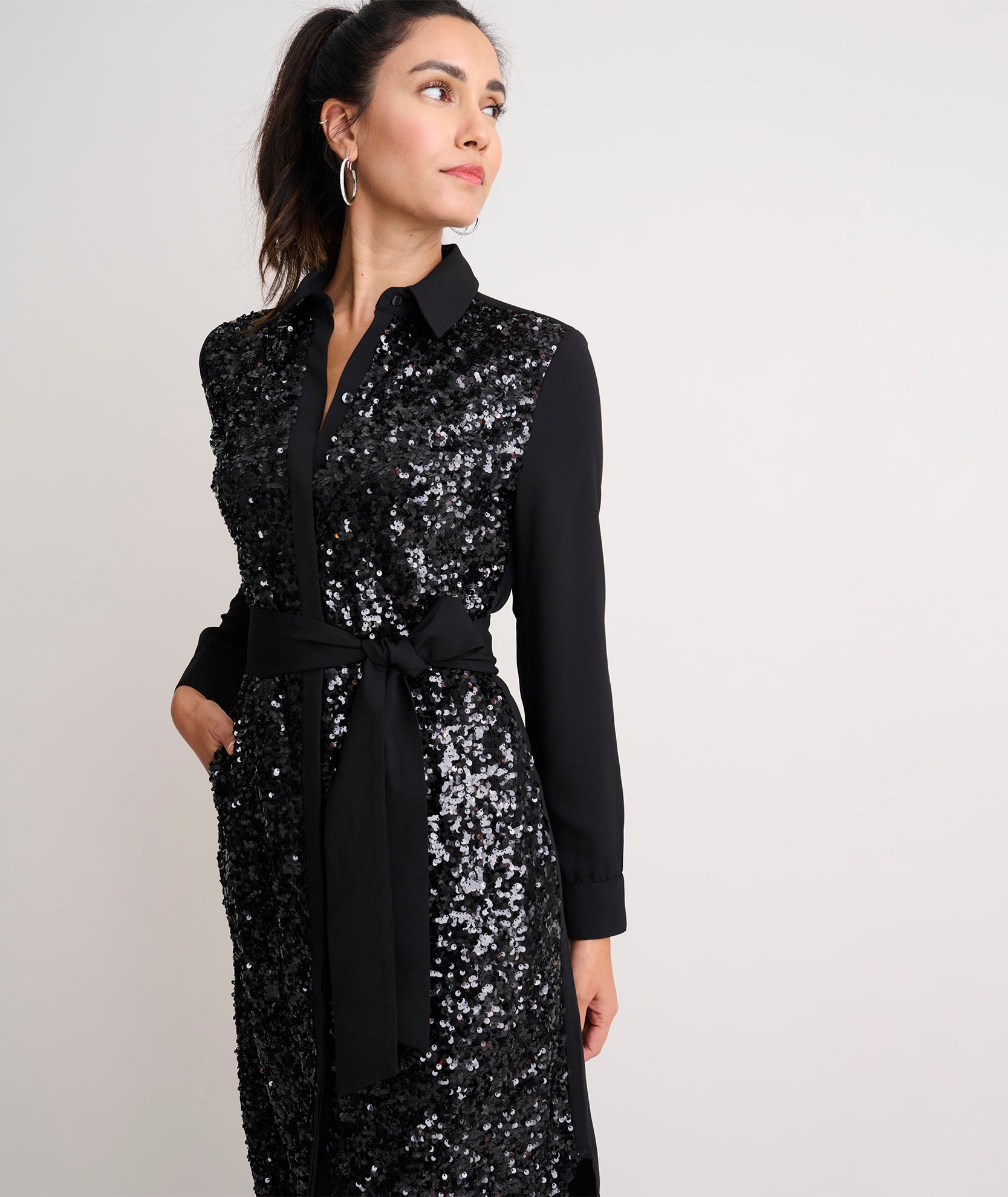 Sequin Crepe Lexie Shirt Dress Black | UNTUCKit