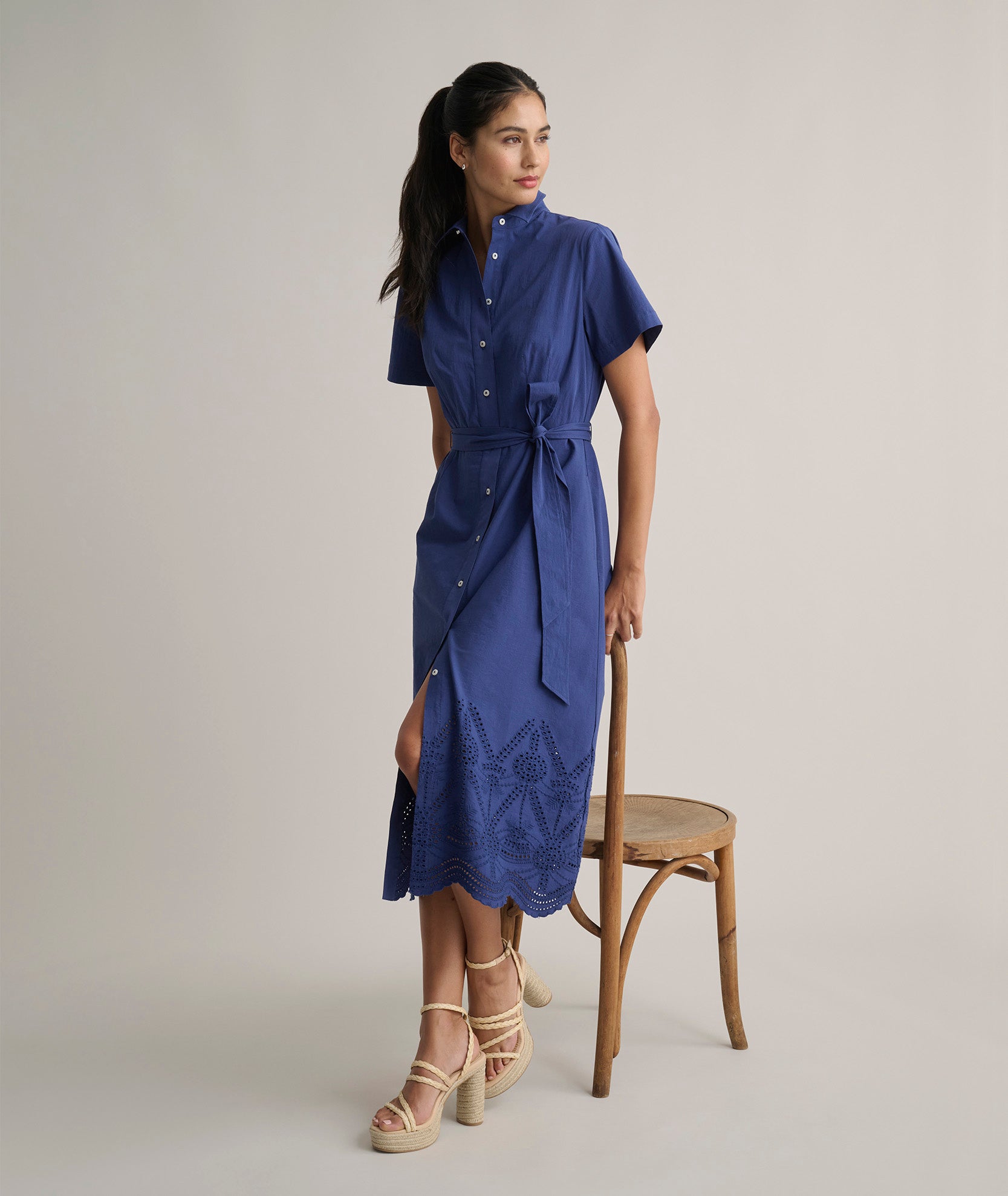 Stretch Cotton Eyelet Lillian Midi Shirt Dress Navy | UNTUCKit Stretch Cotton Eyelet Lillian Midi Shirt Dress Navy | UNTUCKit