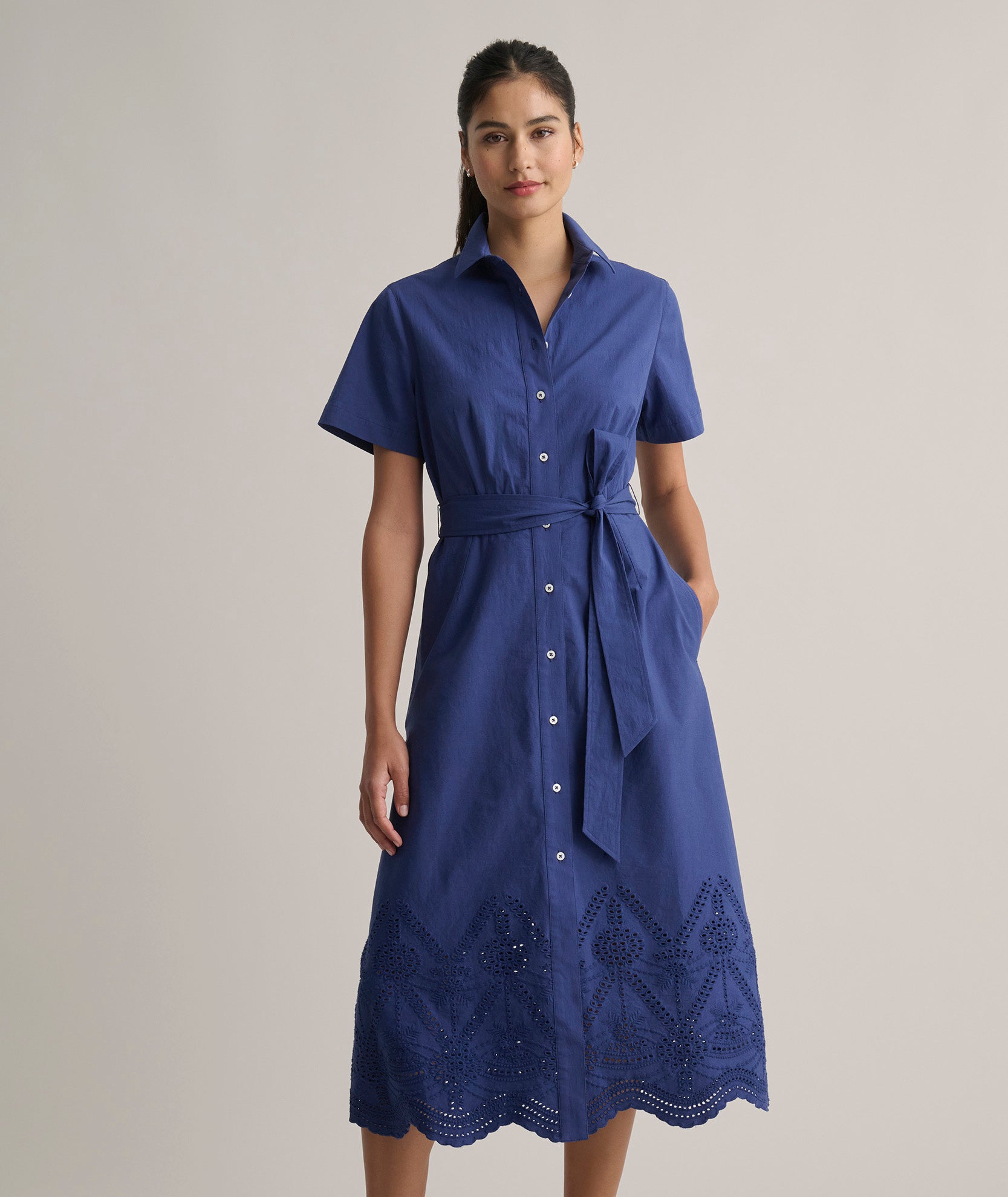 Stretch Cotton Eyelet Lillian Midi Shirt Dress Navy | UNTUCKit