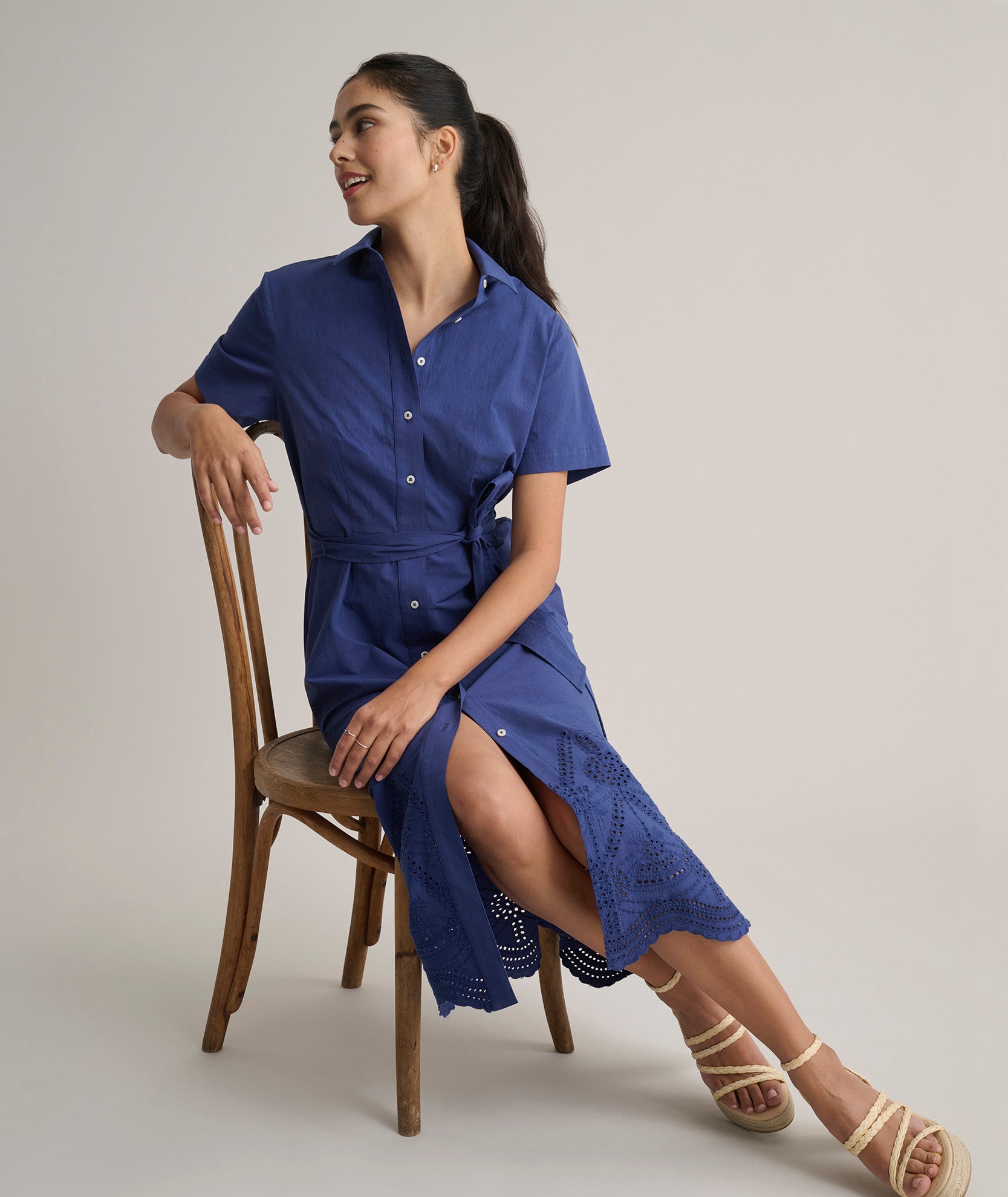 Stretch Cotton Eyelet Lillian Midi Shirt Dress Navy | UNTUCKit