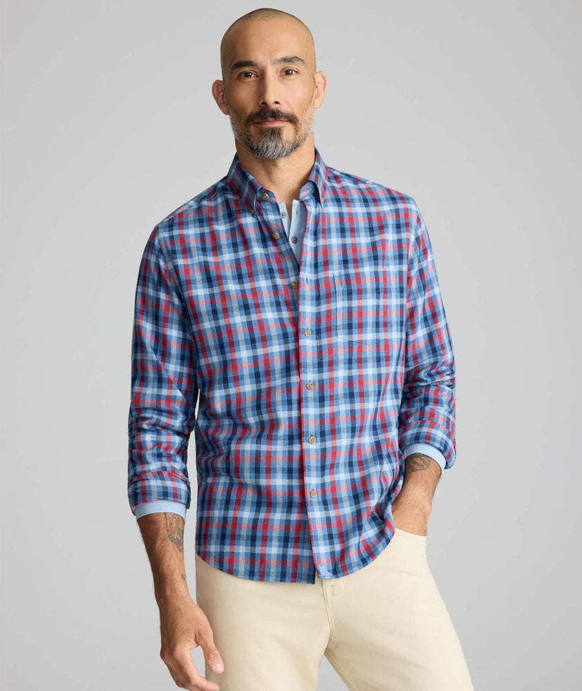 Model is wearing UNTUCKit Ultrasoft Flannel Shirt in Blue Plaid. 