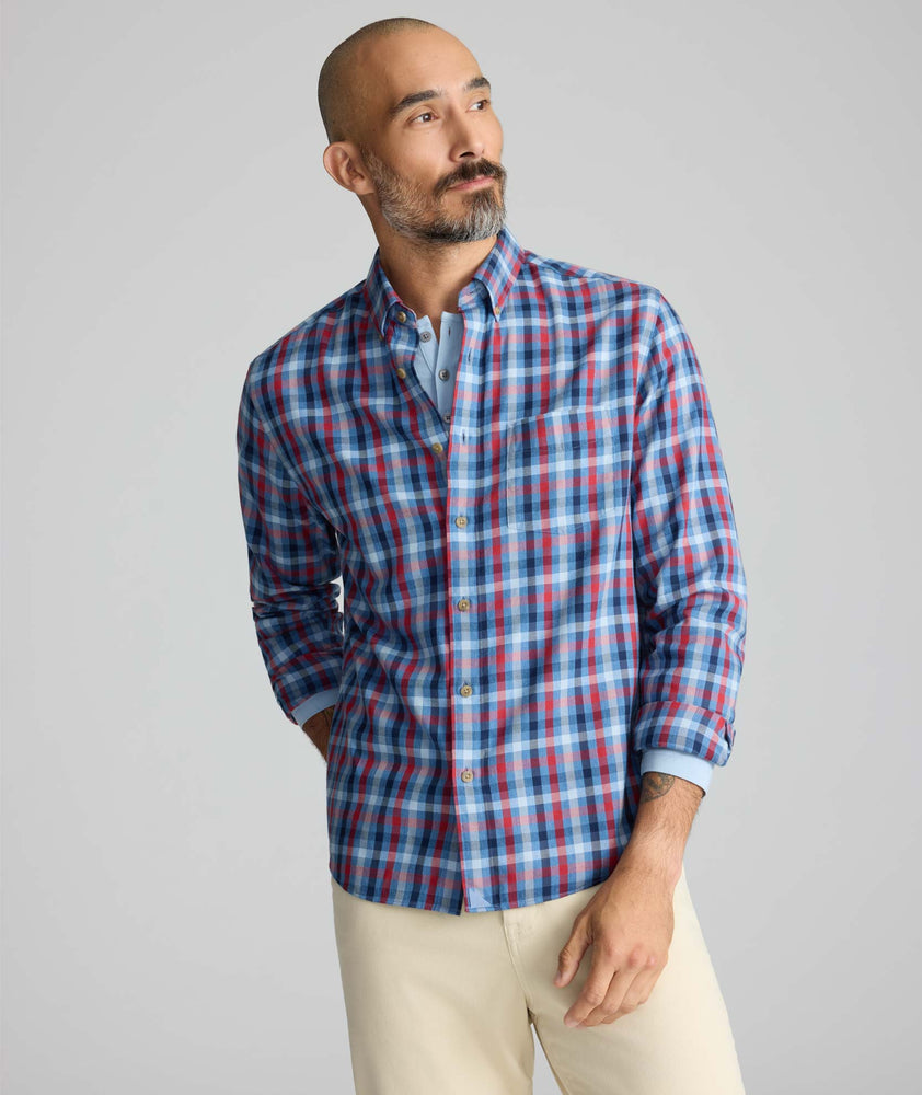 Model is wearing UNTUCKit Ultrasoft Flannel Shirt in Blue Plaid. 