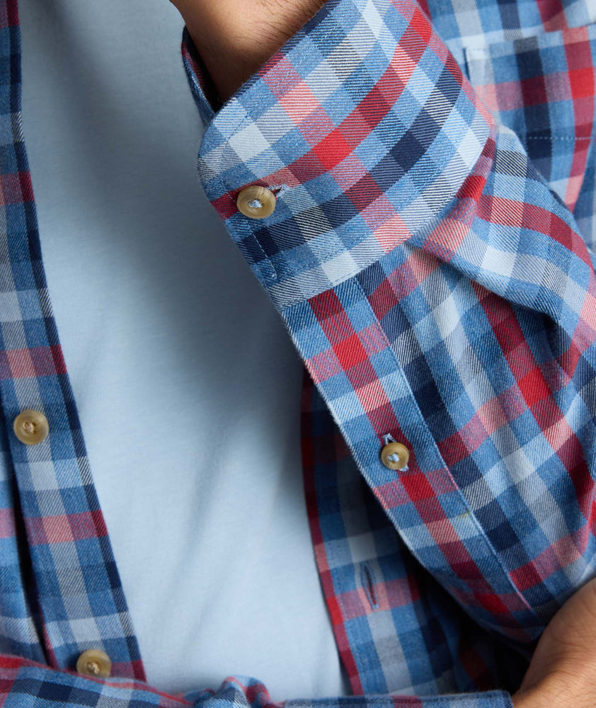 Model is wearing UNTUCKit Ultrasoft Flannel Shirt in Blue Plaid. 