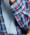 Model is wearing UNTUCKit Ultrasoft Flannel Shirt in Blue Plaid. 