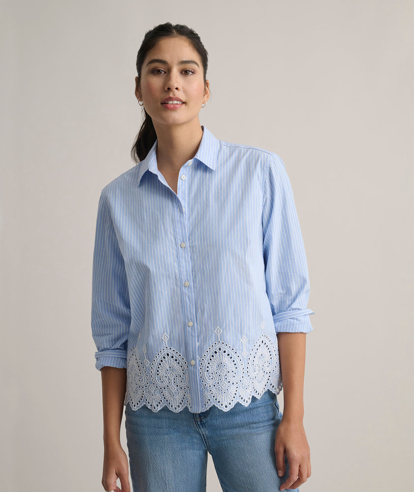 Model is wearing UNTUCKit Cotton Stripe Eyelet Luisa Shirt.