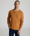 Model is wearing UNTUCKit Marastina LS Tencel Henley in Roasted Pecan.