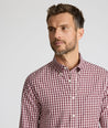 Model wearing a long-sleeve red plaid Wrinkle-Free Shirt.