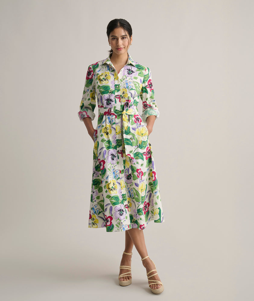 floral shirt dress long Floral Satin Shirtdress: Button Front, 3/4 Sleeves