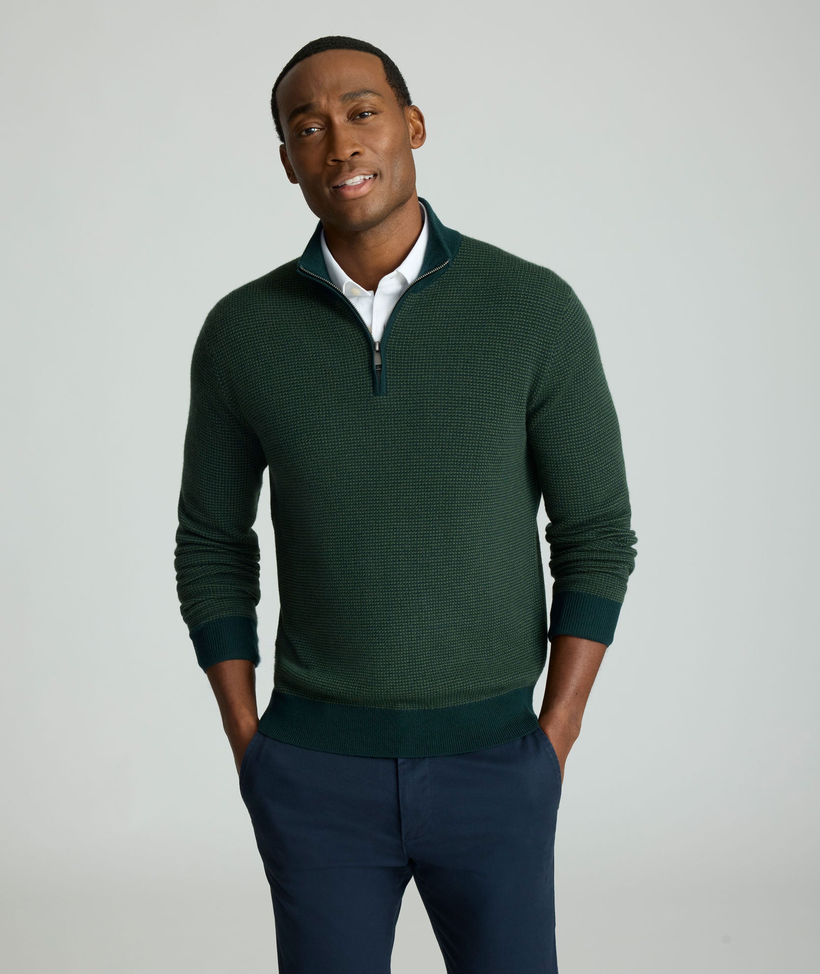 トップス zechito MARYVALE Power Shoulder Sweat Textured Merino Wool Quarter-Zip Sweater Forest Green | UNTUCKit