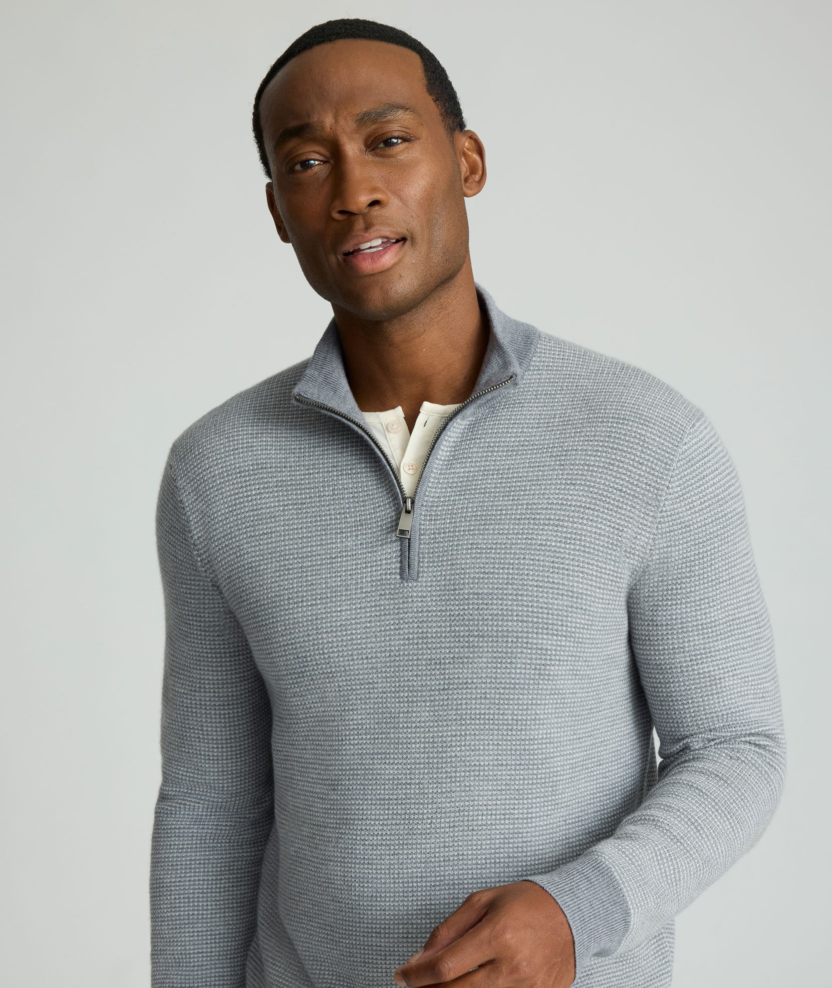 Textured Merino Wool Quarter-Zip Sweater Light Gray | UNTUCKit