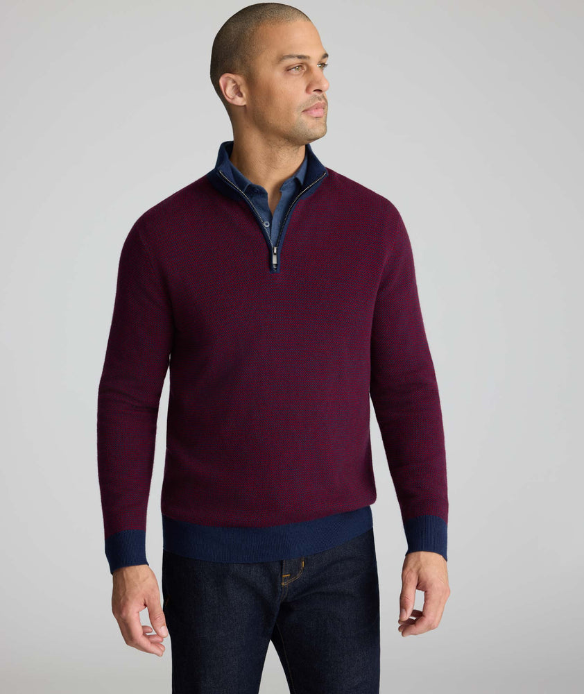 Model is wearing UNTUCKit Textured Merino Wool Quarter-Zips in syrah.