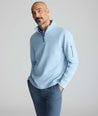 Model is wearing UNTUCKit Performance Quarter-Zip in Light Blue. 