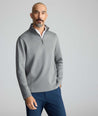 Model is wearing UNTUCKit Performance Quarter-Zip in Slate Gray. 