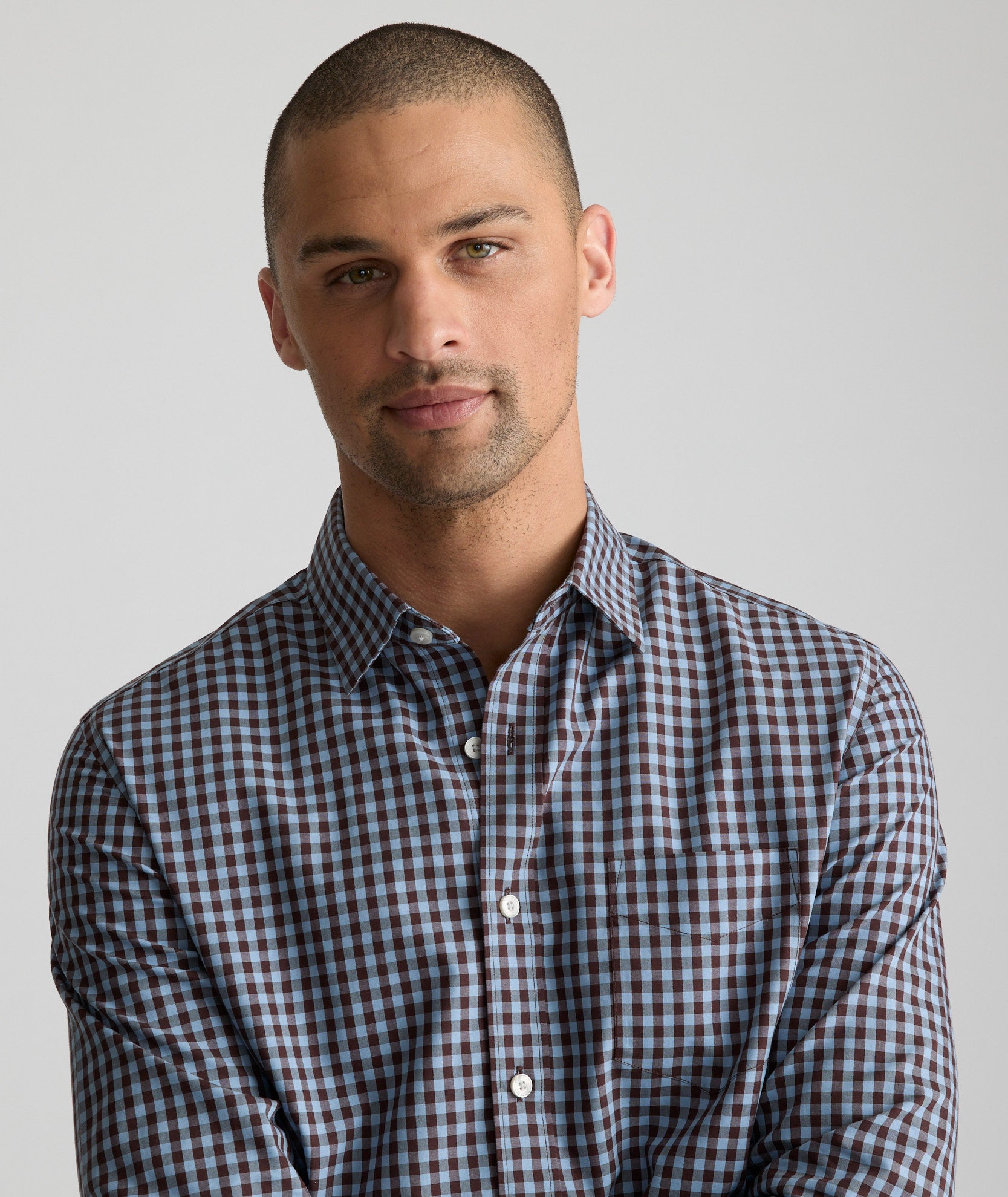 シャツ No.0807 wrinkle check half SHIRT (3color) Wrinkle-Free Mclaren Shirt Blue Grounded Brown Gingham
