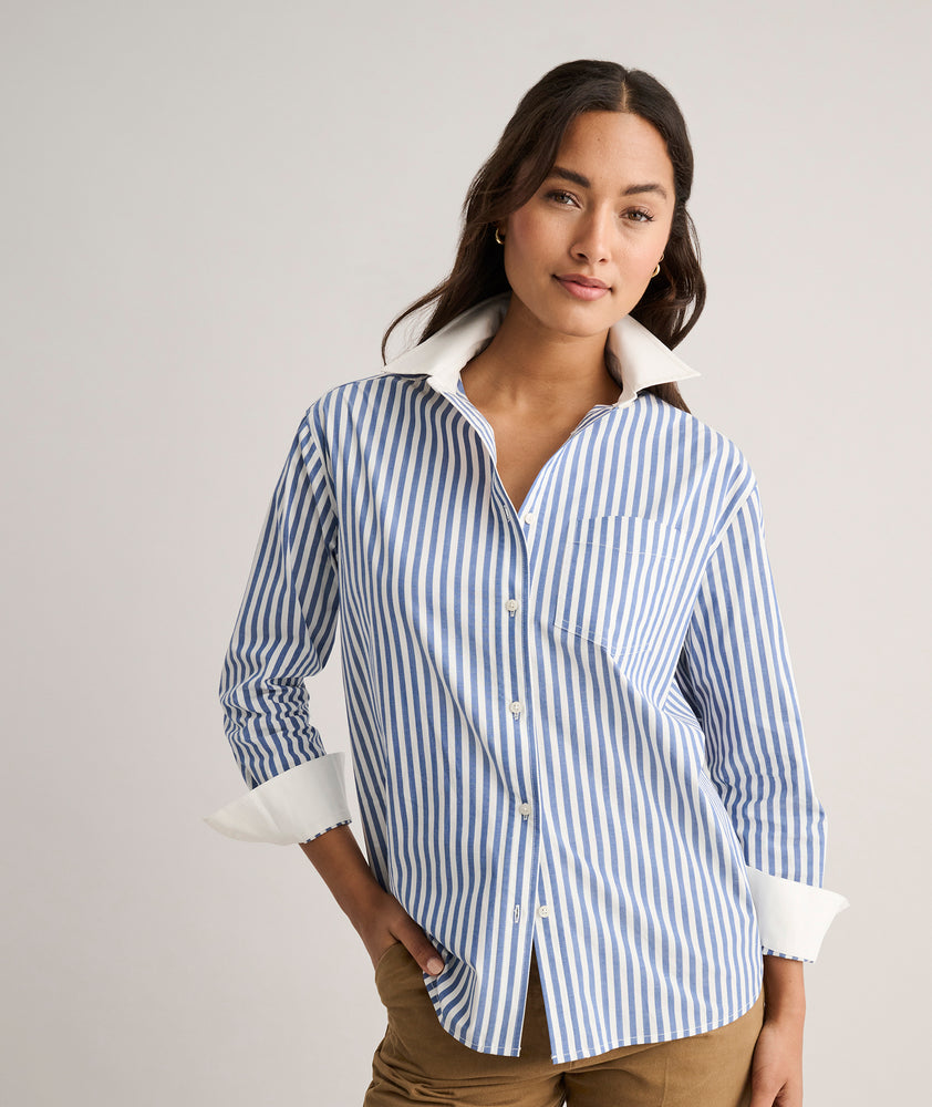 Model is wearing UNTUCKit Cotton Stripe Relaxed Melanie Shirt.