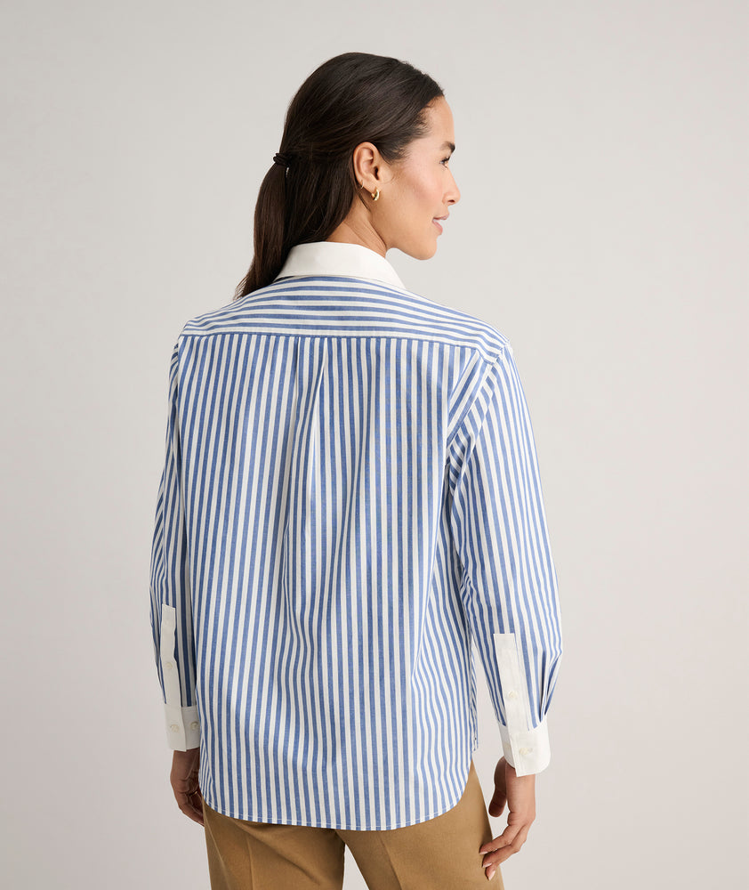 Model is wearing UNTUCKit Cotton Stripe Relaxed Melanie Shirt.