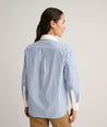 Model is wearing UNTUCKit Cotton Stripe Relaxed Melanie Shirt.