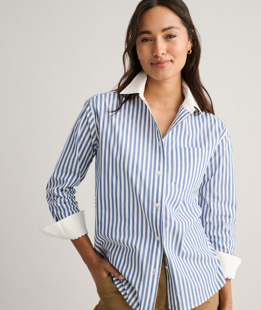 Model is wearing UNTUCKit Cotton Stripe Relaxed Melanie Shirt.