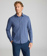 Model wearing a blue check UNTUCKit Performance Shirt.