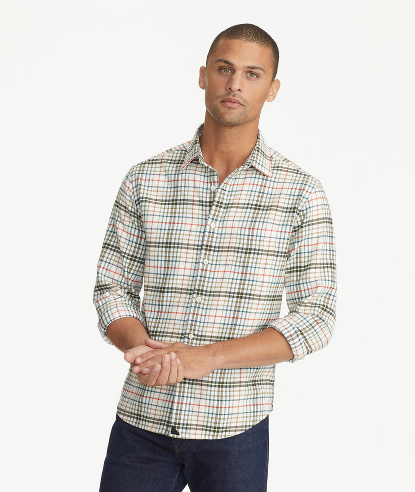 Model is wearing UNTUCKit Flannel Merzling Shirt in White & Green Plaid