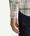 Model is wearing UNTUCKit Flannel Merzling Shirt in White & Green Plaid
