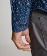 Model is wearing UNTUCKit Millerford performance print shirt. 
