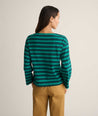 Model is wearing UNTUCKit Cotton Jersey Mille Stripe Tee in green. 