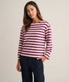 Model is wearing UNTUCKit Cotton Jersey Mille Stripe Tee in pink. 