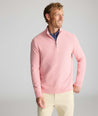 Model is wearing UNTUCKit Cotton Quarter-Zip Sweater in light pink.