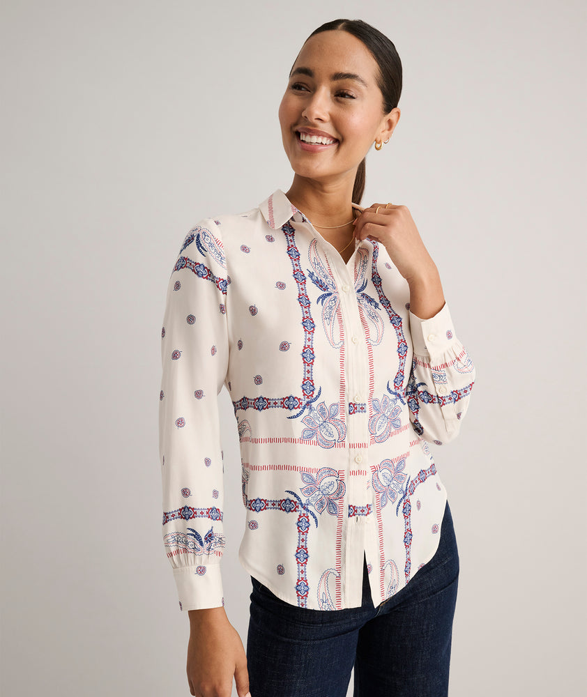 Model is wearing UNTUCKit Bandana Print Odette Shirt.