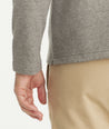 Model is wearing UNTUCKit Parkson quarter-zip sweatshirt in fog.